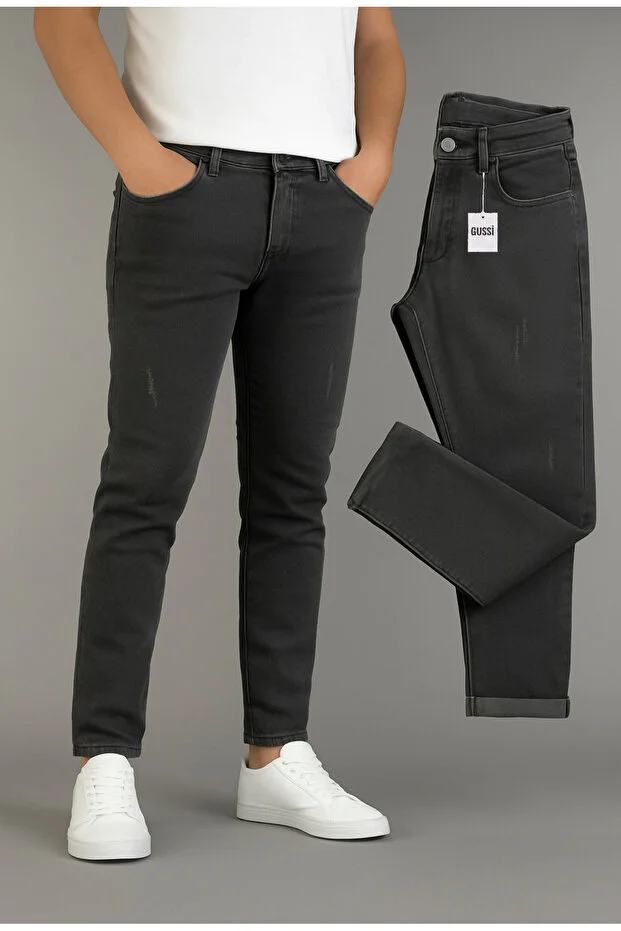 جينز رجالي DOPPIO'N DENIM بتصميم ضيق رفيع مع أرجل نحيفة ودرزات مدخنة