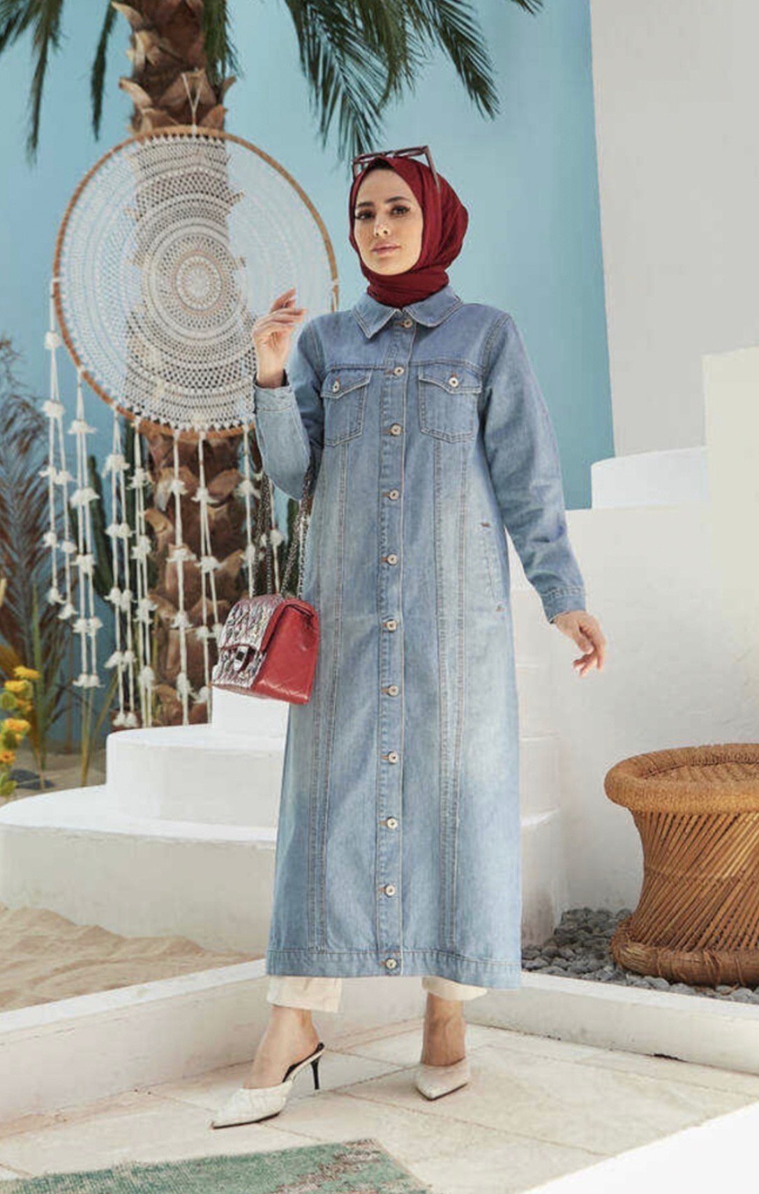 معطف ترانشكوت جينز طويل أزرق