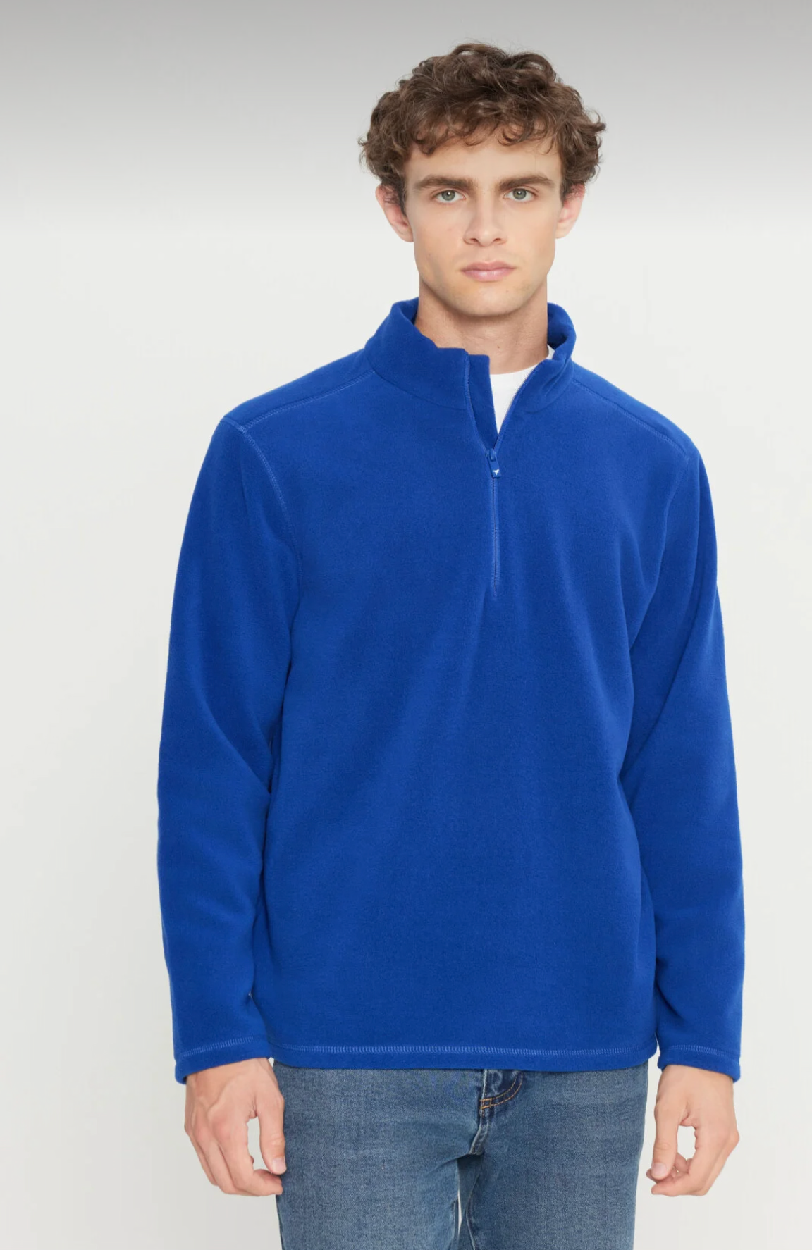 سويت شيرت رجالي بياقة عالية وسحاب باللون الأزرق الغامق