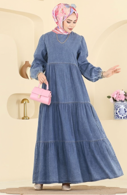 فستان جينز أزرق فاتح للمحجبات