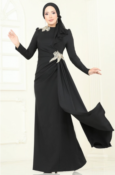 فستان سهرة نسائي راقي باللون الأسود للمحجبات
