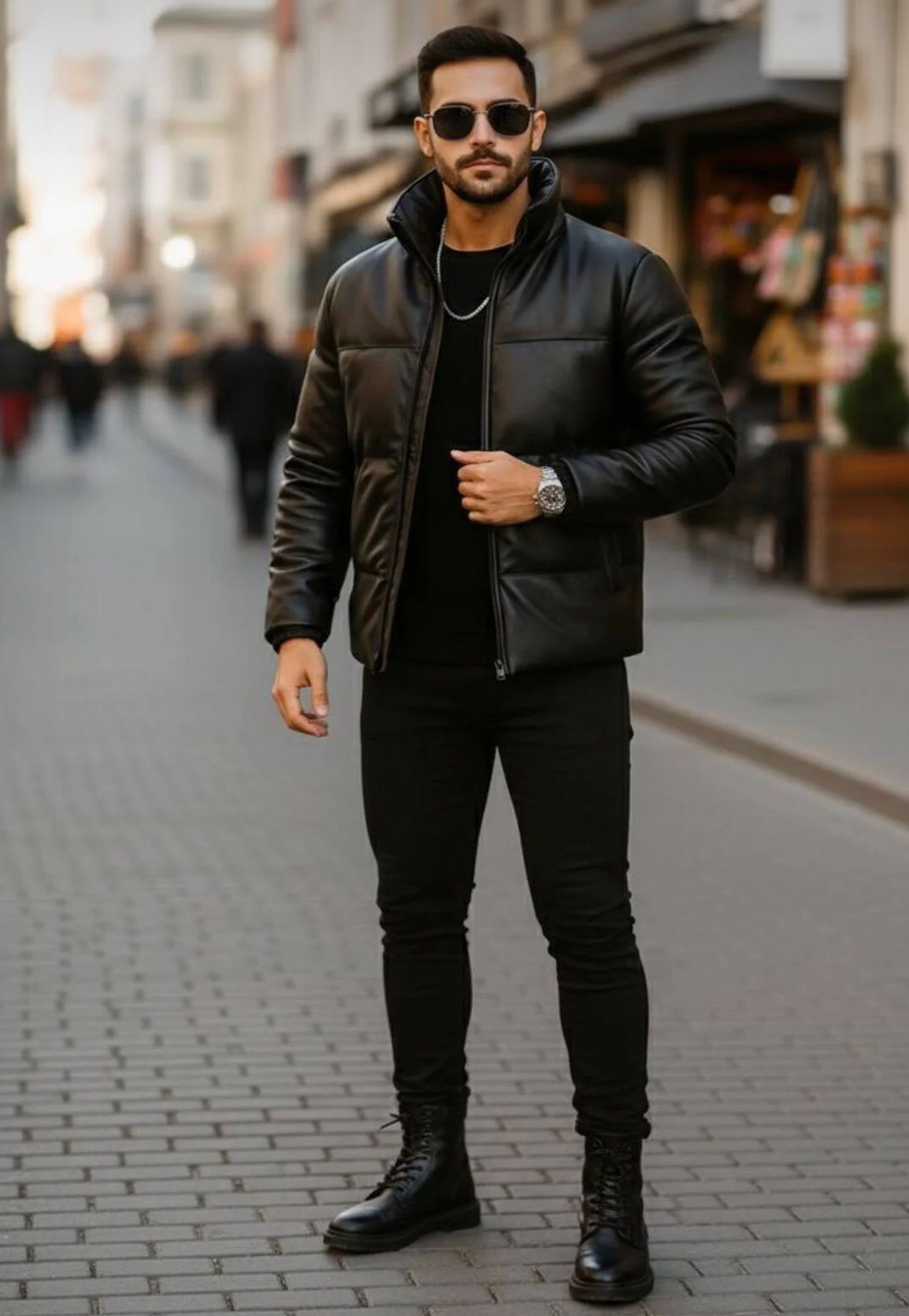 جاكيت جلد مضاد للماء والغبار بتصميم منفوخ باللون الأسود من S&M CLOTHİNG