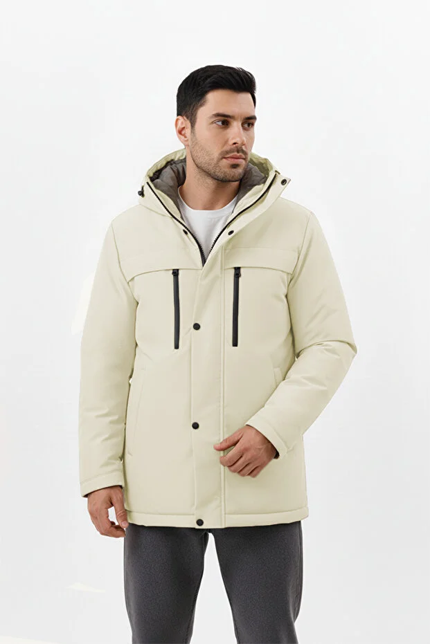 جاكيت مطري بيج مقاوم للماء والرياح بغطاء للرأس