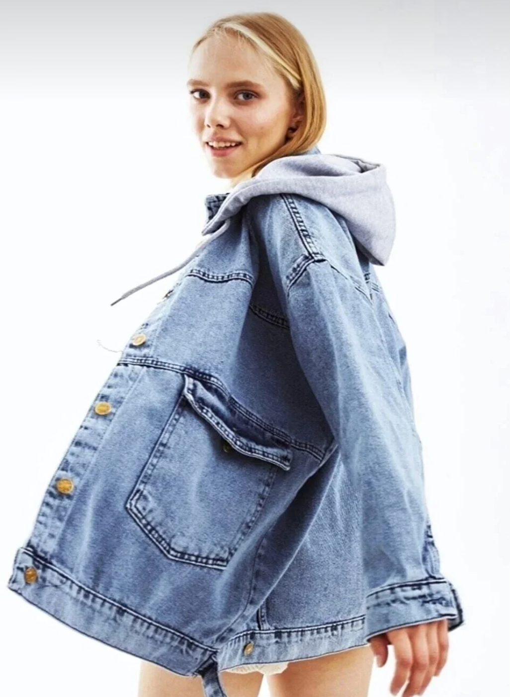 جاكيت جينز نسائي بطبعة واشنطن وقبعة قطنية