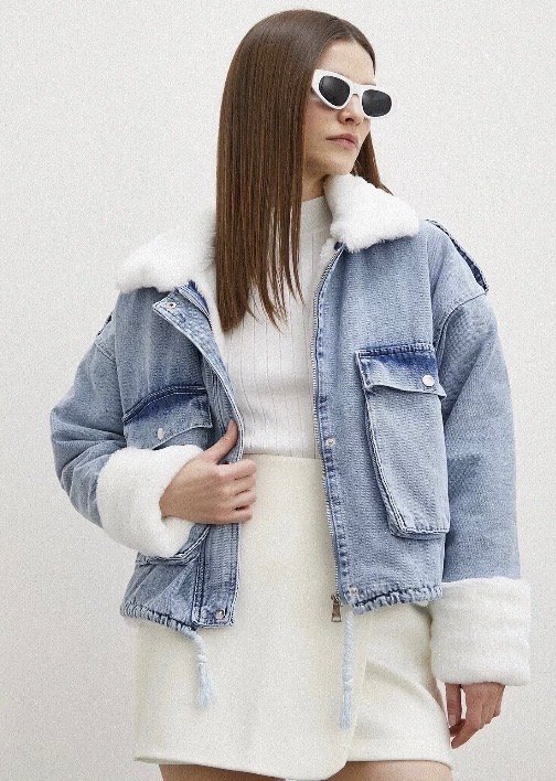 جاكيت جينز نسائي مبطن بفرو بالإضافة إلى فرو على الأكمام والياقة