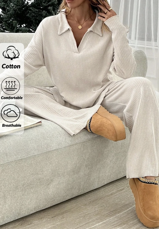 بيجاما تريكو بتصميم أنيق بياقة بولو للخروج من المنزل