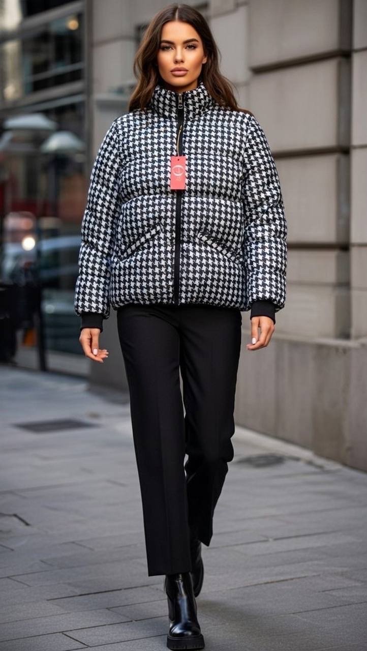 جاكيت منفوخ (Puffer) نسائي بنقشة "هوندزتوث" (Houndstooth)