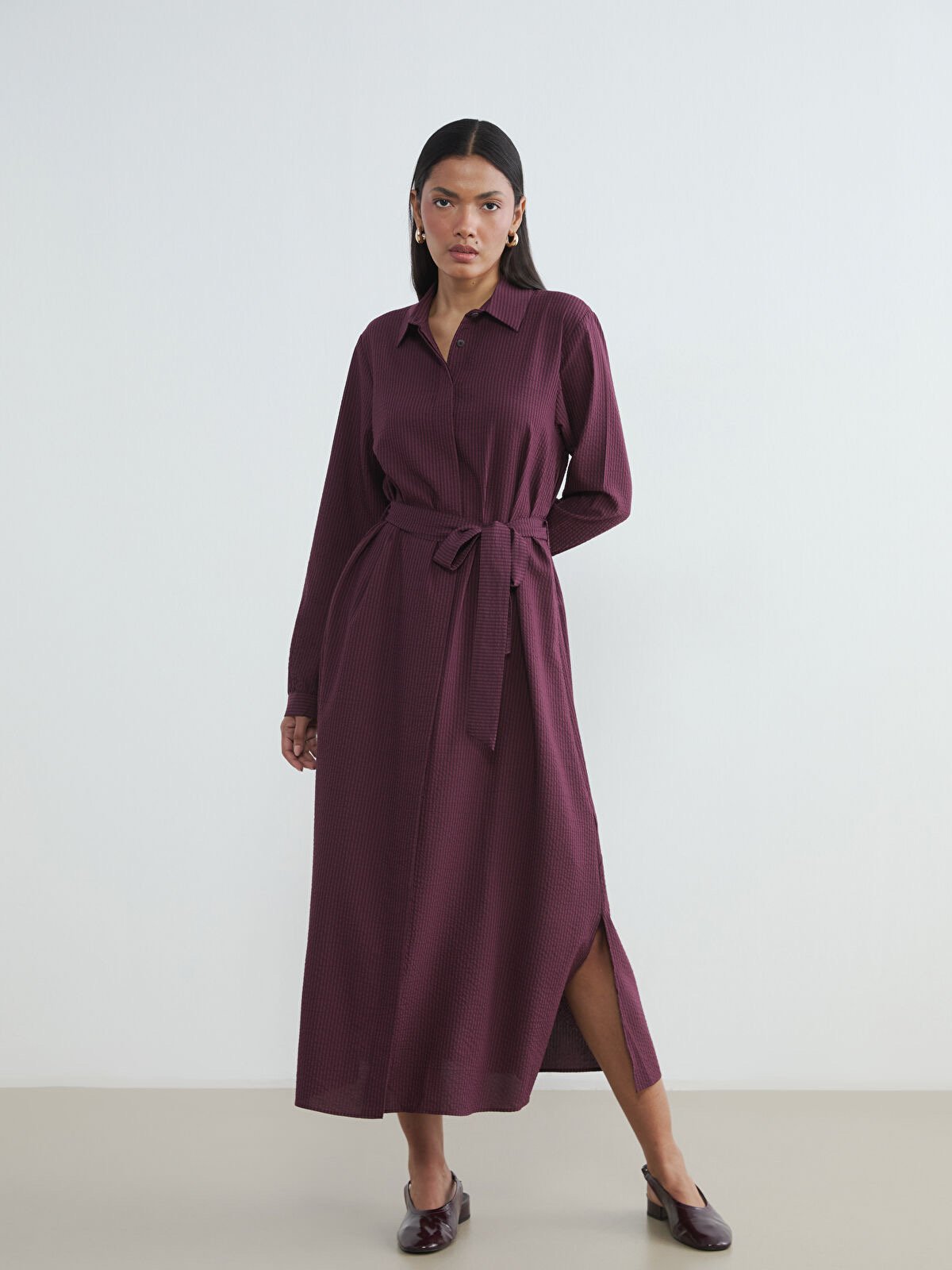 فستان قميص طويل بحزام خصر